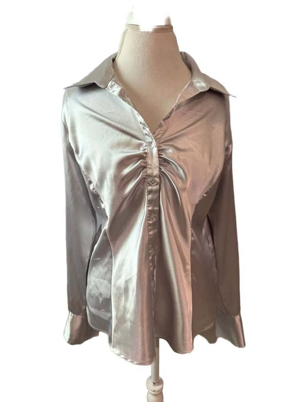 Vintage Silver Satin Ruched Button-Down Long Sleeve Blouse